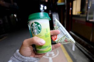 Starbucks drink and kimbap from the convenience store